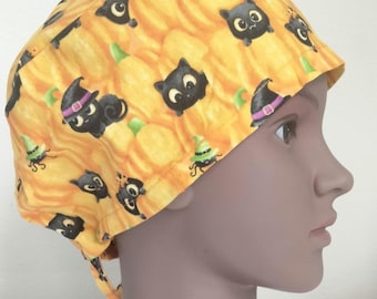 Halloween Scrub Cap: Pumpkin Kitty Cotton Surgical Hat, Button Ear Saver