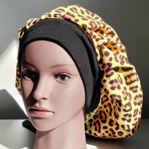 Sleep Bonnet Satin Lined Cheetah  Soft Stretchy Cotton Band with Ties