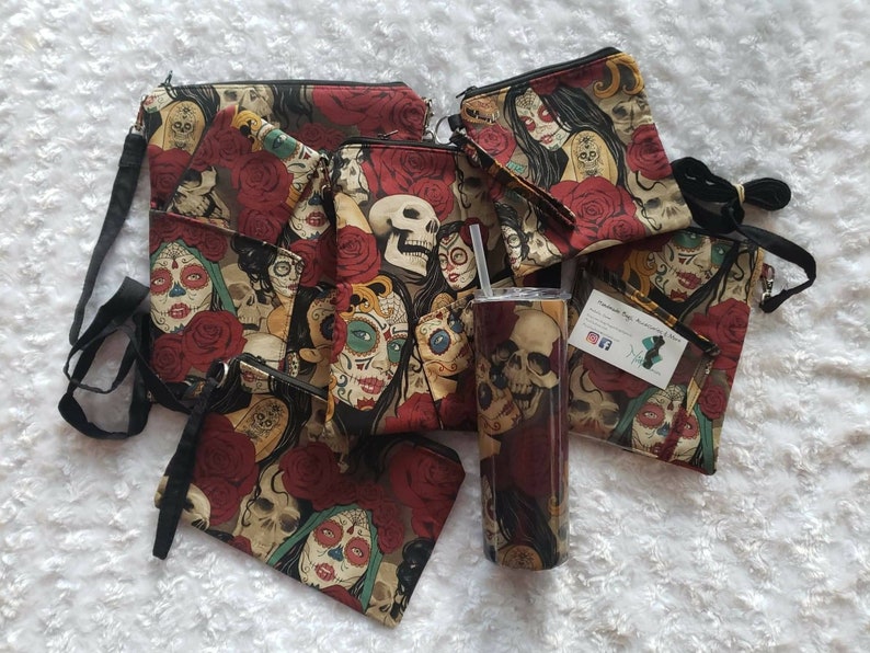 Medium /& small cross body Dia de los Muertos Set: Large Cross body with coin wallet Mini Wristlet and matching tumbler Clutch Wristlet