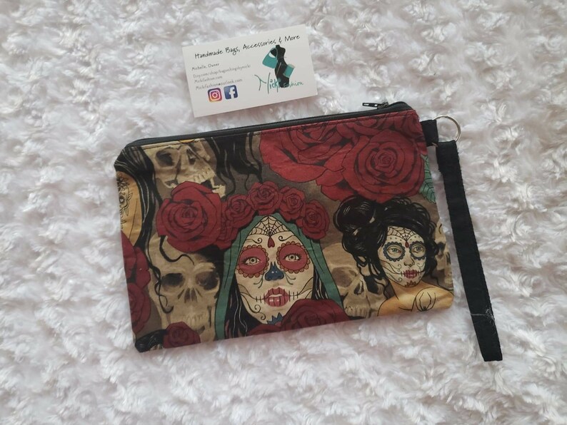 Medium /& small cross body Dia de los Muertos Set: Large Cross body with coin wallet Mini Wristlet and matching tumbler Clutch Wristlet