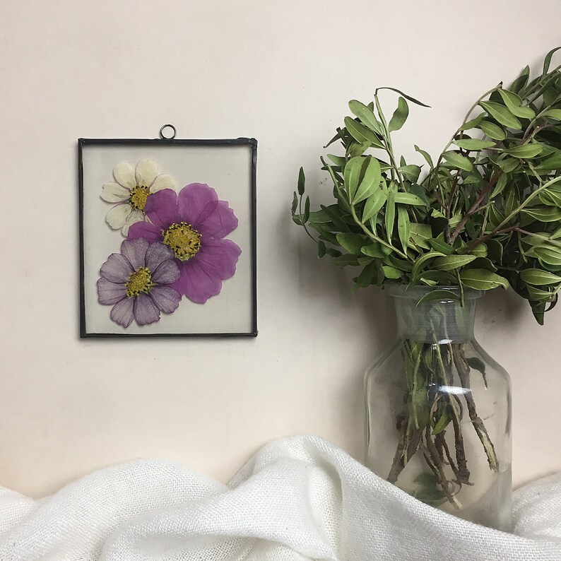 Pressed flowers in floating frame Stained glass panel Etsy