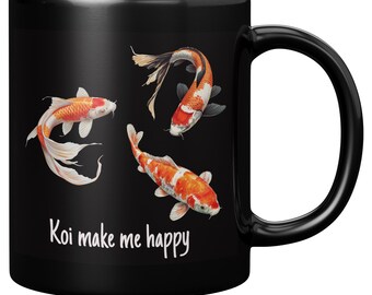 Koi gör mig glad, kaffemugg för koifiskälskare, koifiskmugg, exotisk fisk, svart kaffemugg