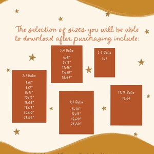 May include: A cream-coloured image with orange and brown design elements. Text lists print sizes in inches, including 6x8", 9x12", 12x16", 15x20", 18x24", 4x6", 6x9", 8x12", 10x15", 12x18", 16x24", 20x30", 24x36", 8x10", 12x15", 16x20", 24x30", 5x7", and 11x14".