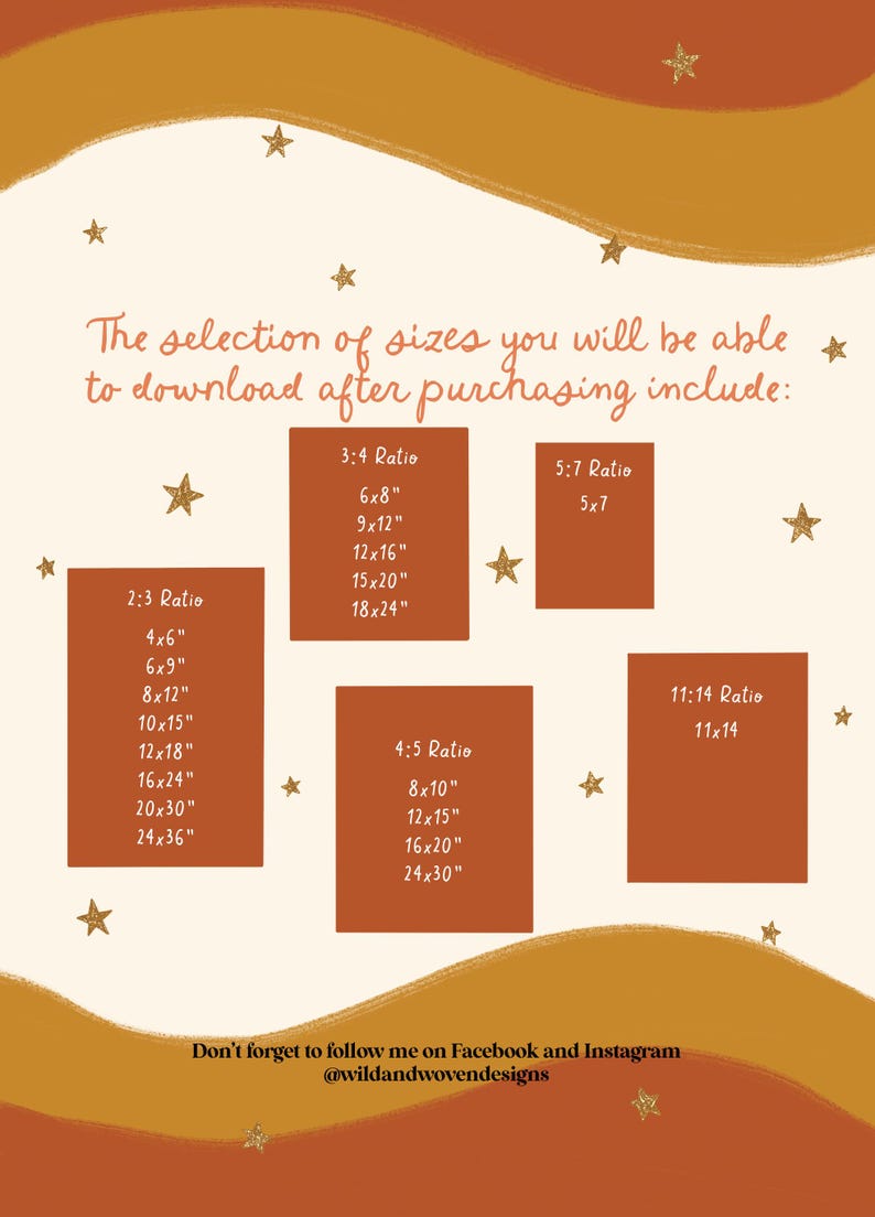 May include: A cream-coloured image with orange and brown design elements. Text lists print sizes in inches, including 6x8", 9x12", 12x16", 15x20", 18x24", 4x6", 6x9", 8x12", 10x15", 12x18", 16x24", 20x30", 24x36", 8x10", 12x15", 16x20", 24x30", 5x7", and 11x14".