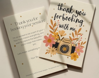 Thank You for Booking Card for Photographers – 5x7 Printable Canva Template, Editable Back, Floral Vintage Camera Design