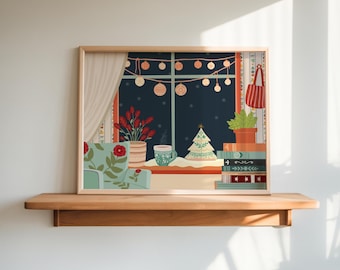 Cozy Christmas Window Art Print – Whimsical Folk-Art Holiday Illustration Digital Download