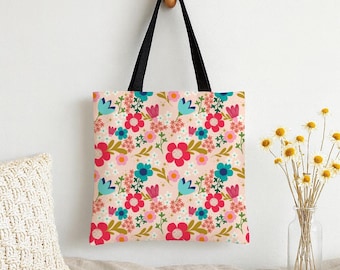 Floral Pattern Tote Bag, Boho Flowers Market Bag, All Over Print 15x15 Tote