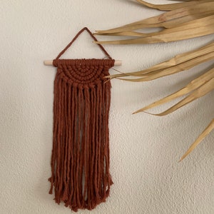 May include: A terracotta-colored macrame wall hanging. The top features a half-circle design with a wooden dowel. Long, vertical fringe hangs below. The wall hanging is suspended from a triangular loop. Dried palm fronds are in the background.