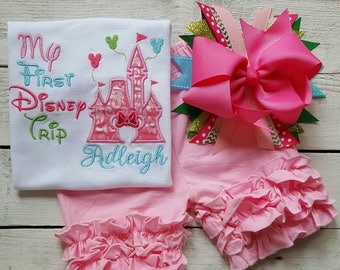 Girls First Trip Outfit w/bow, Sample Sale, Pink Castle Ruffle Tee Baby Girl Vacation, Sibling embroidery, Brother Sister Shirt, embroidered