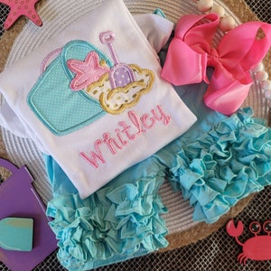 Personalized Summer Shirt outfit w/ bow, Sample Sale, baby girl first July 4 embroidered ruffled beach shirt, custom embroidery, hair bow