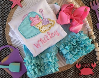 Personalized Summer Shirt outfit w/ bow, Sample Sale, baby girl first July 4 embroidered ruffled beach shirt, custom embroidery, hair bow