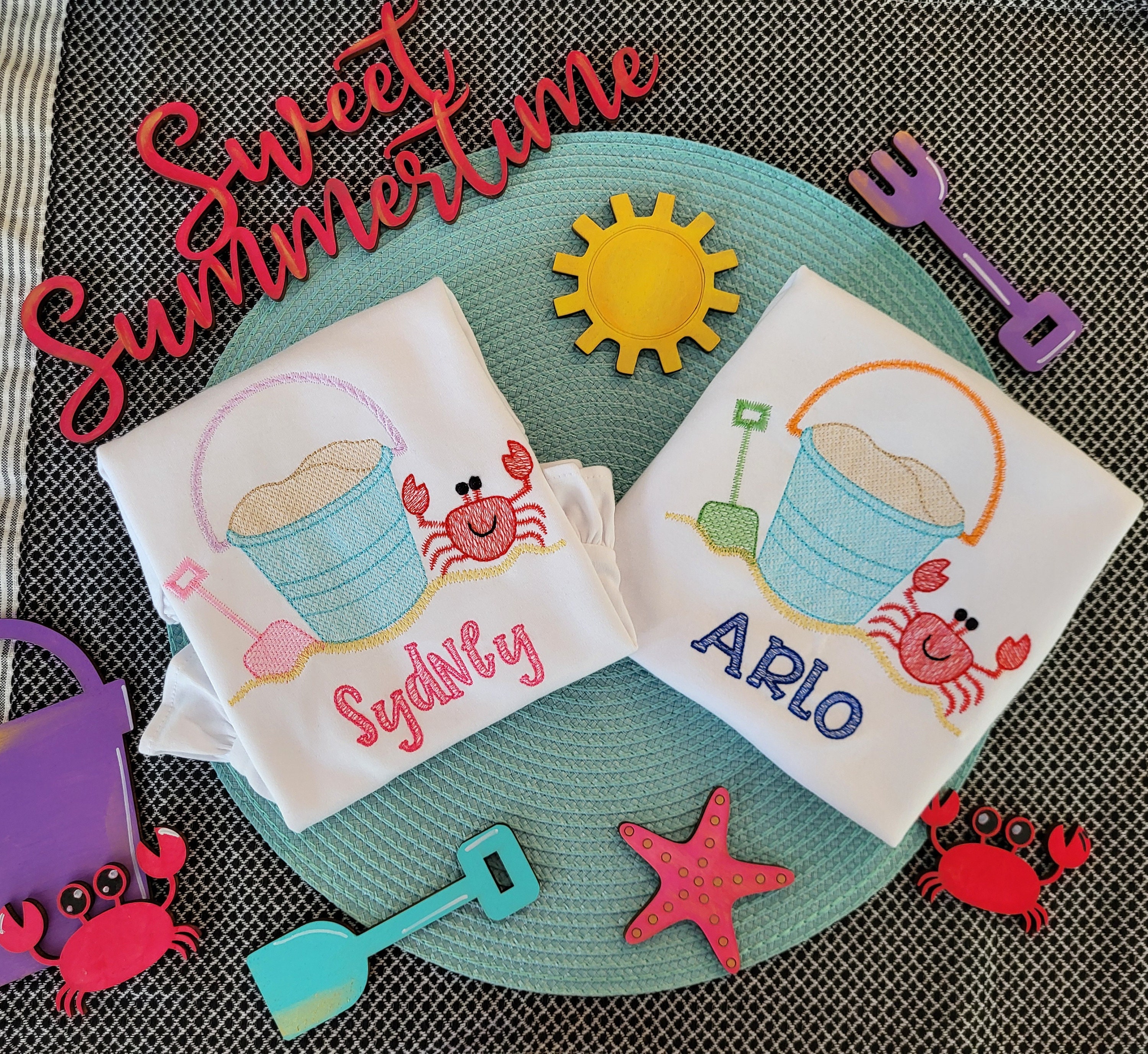 Matching Sibling Beach Shirts, Boy Crab Shirt, Girl Crab Shirt, Beach Bucket Pail, Swimming, Summer Boutique Clothing, Matching Embroidery