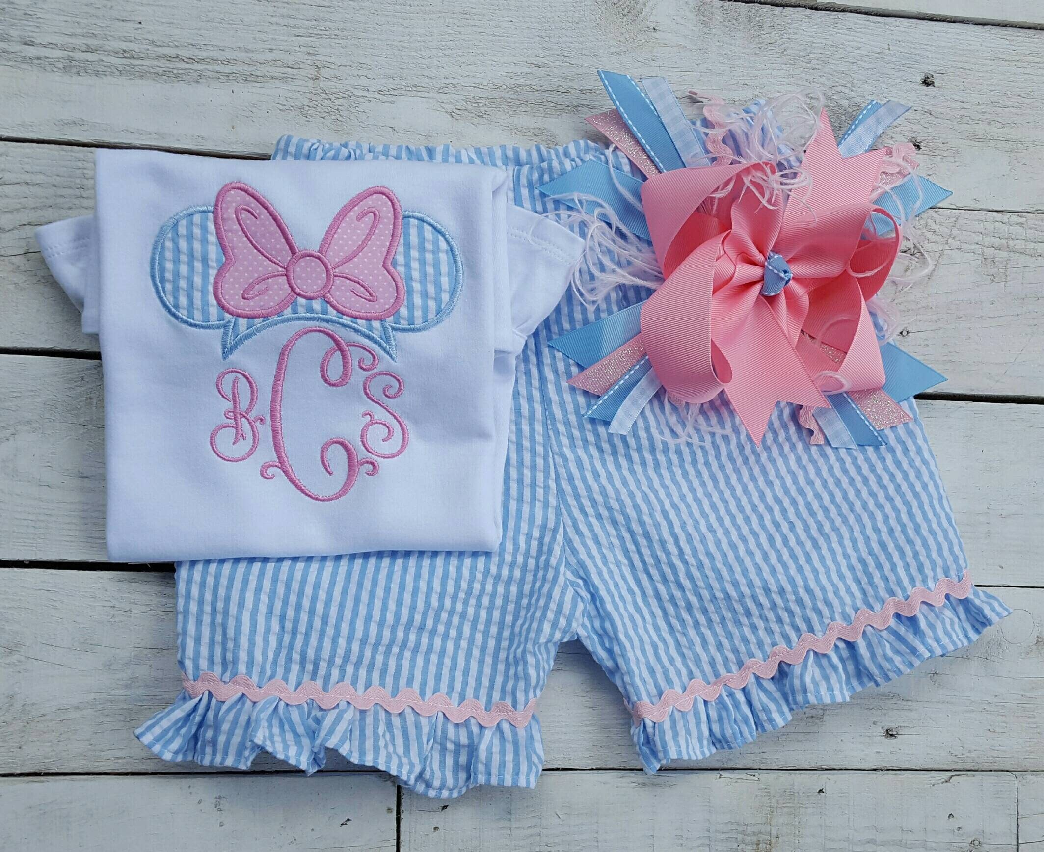 Monogram Disney Outfit, Minnie Mouse girls embroidered shirt, seersuc…