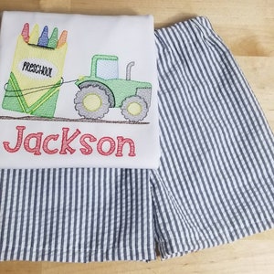 Boys Back to School Outfit, First Day of School Shirt, Boy Kindergarten Tee, Preschool Tshirt, Little Boy Tractor Crayon Pencil Embroidery