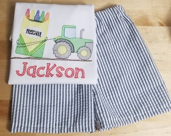 Boys Back to School Outfit, First Day of School Shirt, Boy Kindergarten Tee, Preschool Tshirt, Little Boy Tractor Crayon Pencil Embroidery