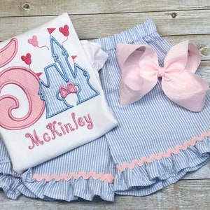 Happiest Birthday, Any Age 1-9 Girls Seersucker Castle Outfit w/bow, Ruffle Shirt, Baby Girl Vacation, embroidered Matching Family Magical