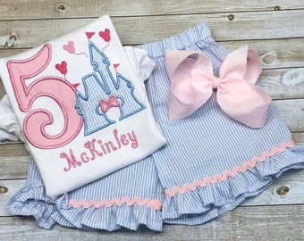 Happiest Birthday, Any Age 1-9 Girls Seersucker Castle Outfit w/bow, Ruffle Shirt, Baby Girl Vacation, embroidered Matching Family Magical