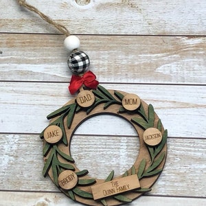 Evergreen Wreath Family Christmas Ornament, engraved wood ornament, christmas tree ornament, secret Santa gift, annual family ornament