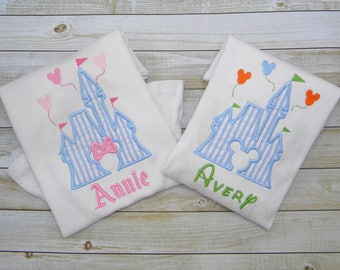 Disney matching sibling shirts, girls shirt w/bow, family disney, Mickey minnie custom monogram embroidery cinderella castle, brother sister