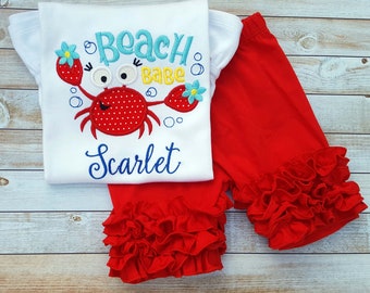 Personalized Summer Shirt outfit w/ bow, Sample Sale, baby girl first July 4 embroidered ruffled beach shirt, custom embroidery, hair bow