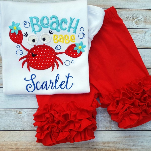 Personalized Summer Shirt outfit w/ bow, Sample Sale, baby girl first July 4 embroidered ruffled beach shirt, custom embroidery, hair bow