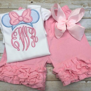 Monogram Disney Outfit, Minnie Mouse girls embroidered shirt, seersucker shorts, matching hairbow, birthday embroidery, matching sibling