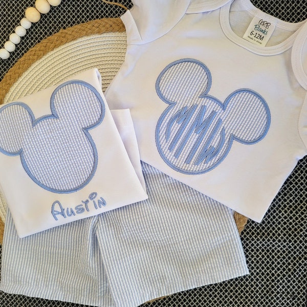 Magical Mouse Ears Boy Outfit, Monogram Seersucker shorts shirt set, Matching Sibling Shirt, Magic Castle Shirt, embroidered, personalized