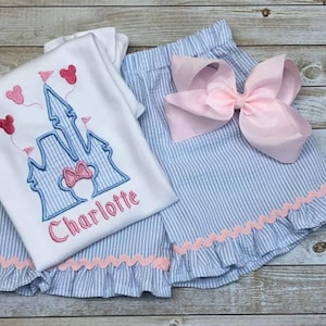 Girls Seersucker Castle Outfit w/bow, Ruffle Shirt, Baby Girl Vacation, Sibling embroidery Brother Sister Shirts embroidered Matching Family