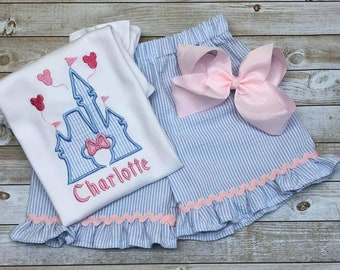 Girls Seersucker Castle Outfit w/bow, Ruffle Shirt, Baby Girl Vacation, Sibling embroidery Brother Sister Shirts embroidered Matching Family