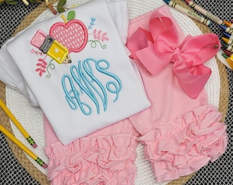 School outfit for girls, kindergarten shirt, boutique clothing, monogram shirt, first day of school outfit, custom, back to school girls