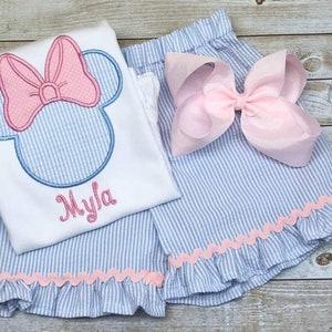 Magical Mouse Ears Seersucker Monogram Shirt, Matching Sibling Sister Ruffled Shorts Outfit, Embroidered Ruffle Shirt, Boutique Vacation Bow