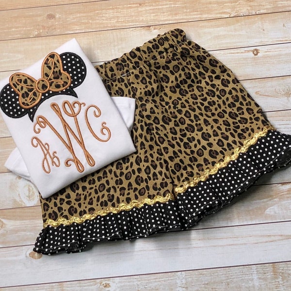 Girls Cheetah Ears Outfit w/bow, Ruffle Shirt, Leopard Baby Girl Vacation, Sibling embroidery Brother Sister Shirts Monogram Matching Family