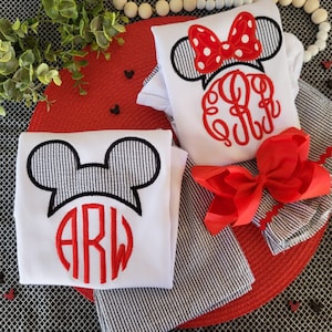 Seersucker Magical Mouse Ears Outfit w/bow, Ruffle Shirt Vacation Sibling embroidery Brother Sister Shirts embroidered Matching Family boys