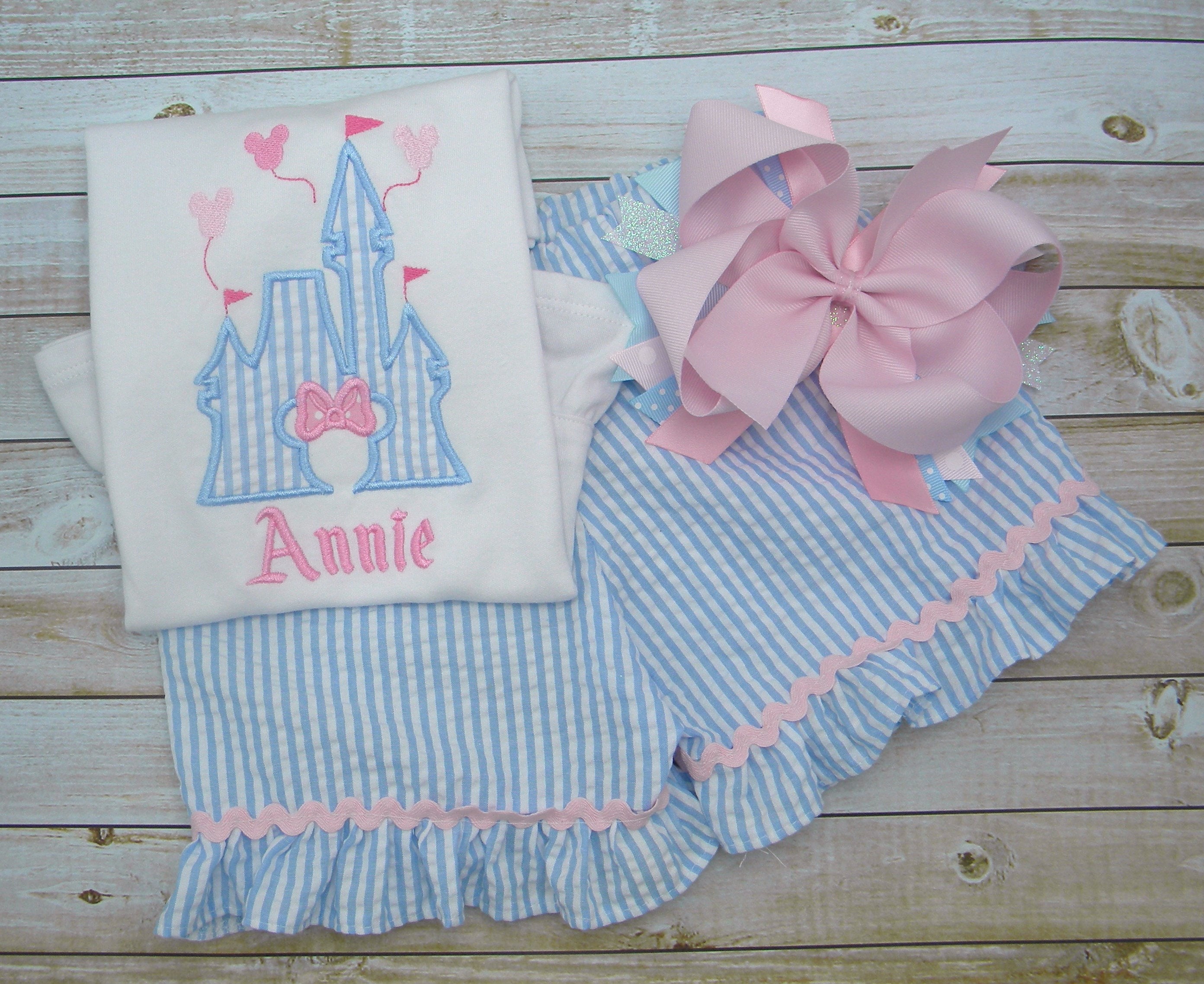 Girls Seersucker Castle Outfit w/bow, Ruffle Shirt, Baby Girl Vacatio…