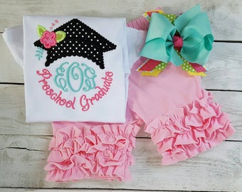 Cap Monogram Graduate Shirt Outfit w/ bow, Sample Sale, Preschool kindergarten graduation grad personalized, girl back to school outfit 2024