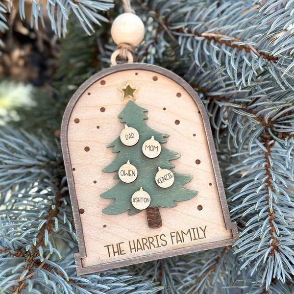 Tree Family Christmas Ornament, engraved ornament, wood ornament, christmas tree ornament, secret Santa gift, annual family ornament