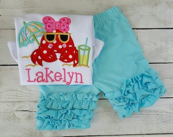 Personalized Summer Shirt outfit w/ bow, Sample Sale, baby girl first July 4 embroidered ruffled beach shirt, custom embroidery, hair bow