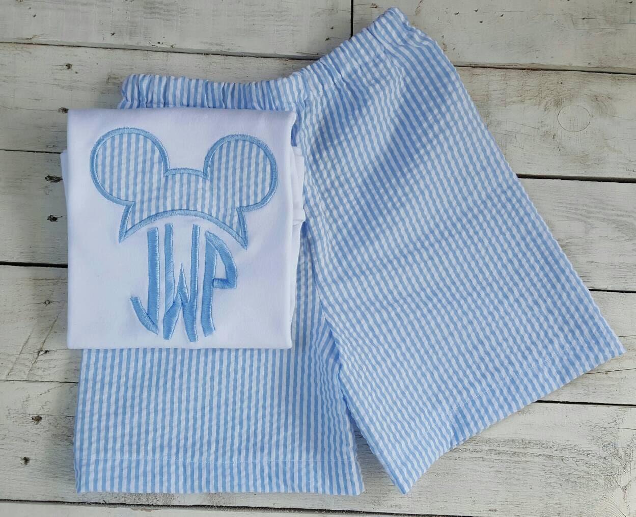 Magical Mouse Ears Boy Outfit, Monogram Seersucker shorts shirt set, …