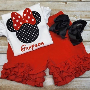 Girls Disney Outfit w/bow, Sample Sale, Disney Ruffle Shirt, Baby Girl Vacation, Sibling embroidery, Big Little Sister Shirt, embroidered