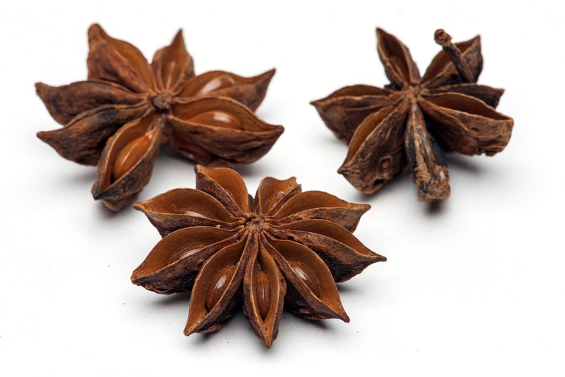 May include: Three brown star anise pods isolated on a white background.