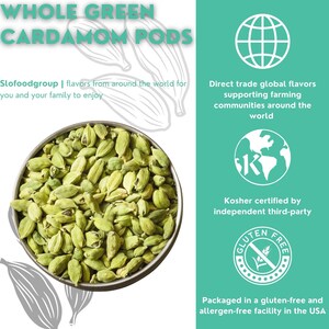 May include: A close-up of a bowl filled with whole green cardamom pods. The pods are a light green color and have a slightly brown hue. The text "WHOLE GREEN CARDAMOM PODS" is at the top of the image. The text "Slofoodgroup | flavors from around the world for you and your family to enjoy" is below the image of the cardamom pods. The text "Direct trade global flavors supporting farming communities around the world" is on the right side of the image. The text "Kosher certified by independent third-party" is below the text "Direct trade global flavors supporting farming communities around the world". The text "GLUTEN FREE" is in a circle with a wheat stalk crossed out. The text "Packaged in a gluten-free and allergen-free facility in the USA" is below the "GLUTEN FREE" circle.
