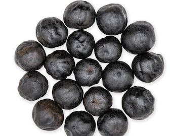 May include: A collection of 17 black, round, smooth, and shiny objects. The objects are arranged in a circle on a white background.