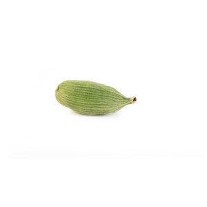 May include: A single green cardamom pod isolated on a white background.