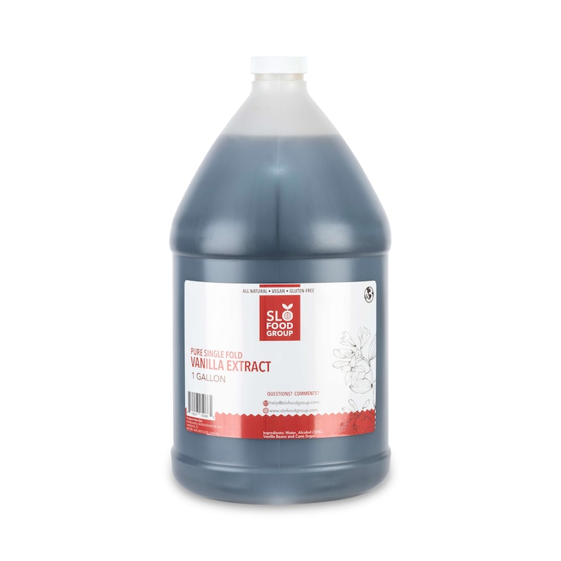 May include: A gallon jug of pure single fold vanilla extract. The label is red and white with the text "SLO FOOD GROUP" and "PURE SINGLE FOLD VANILLA EXTRACT 1 GALLON".