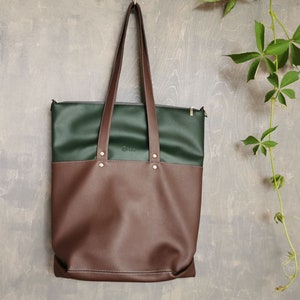 Vegan tote bag, Women's work bag, Handmade shoulder bag, Faux leather everyday purse, Earthy brown and green shopper bag, Large handbag