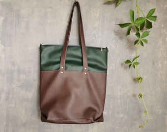 Vegan tote bag, Women's work bag, Handmade shoulder bag, Faux leather everyday purse, Earthy brown and green shopper bag, Large handbag