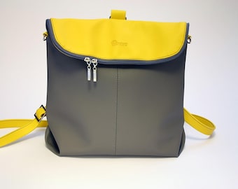 Handcrafted Convertible Backpack, Yellow & grey shoulder bag for work, Vegan leather Crossbody bag for everyday, fits small laptop or tablet