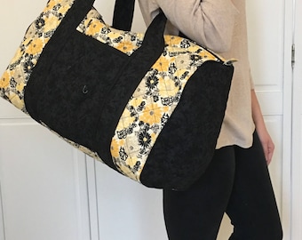 Quilted Duffel Bag - Yellow Floral Print...Gift, Birthday, Bridesmaid, Bridal Shower, Matching Bag Set, Cute Travel Bag, Yellow Black Gray