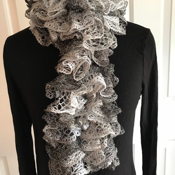 Black, Gray and White with Silver Thread Ruffle Scarf