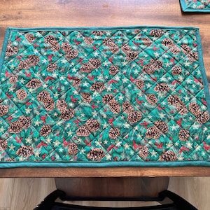 Quilted Christmas Placemats - Pine Cones - Green, Red and Brown